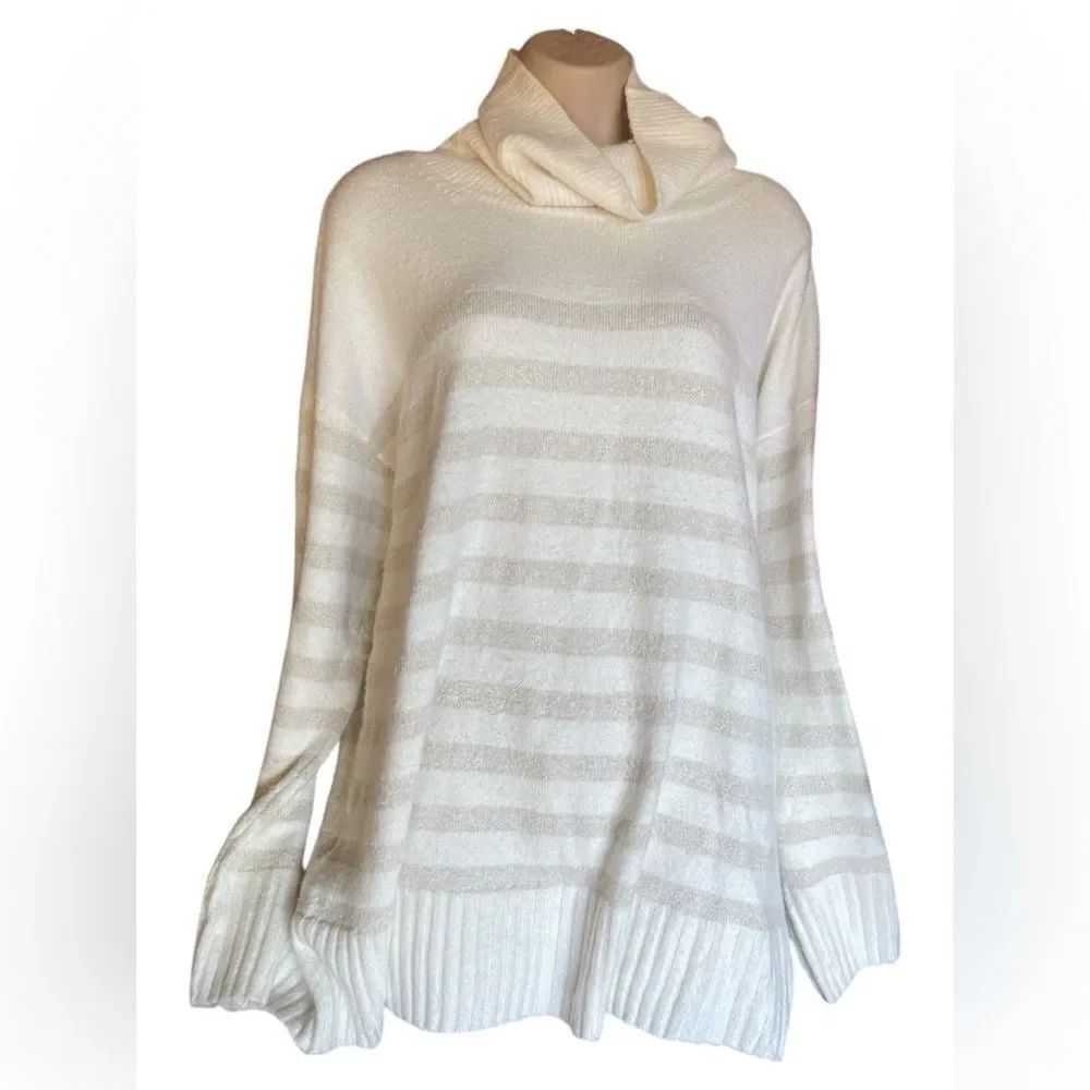 Loft Holiday Elegant Cream glitter silver, gold, Striped Turtleneck Sweater XL